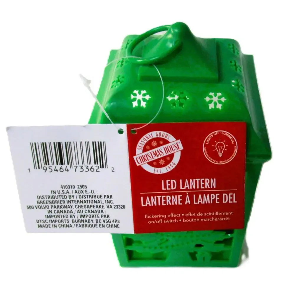 Green LED Christmas Lantern Flickering Light Snowflake & Tree Cutouts 6 inches